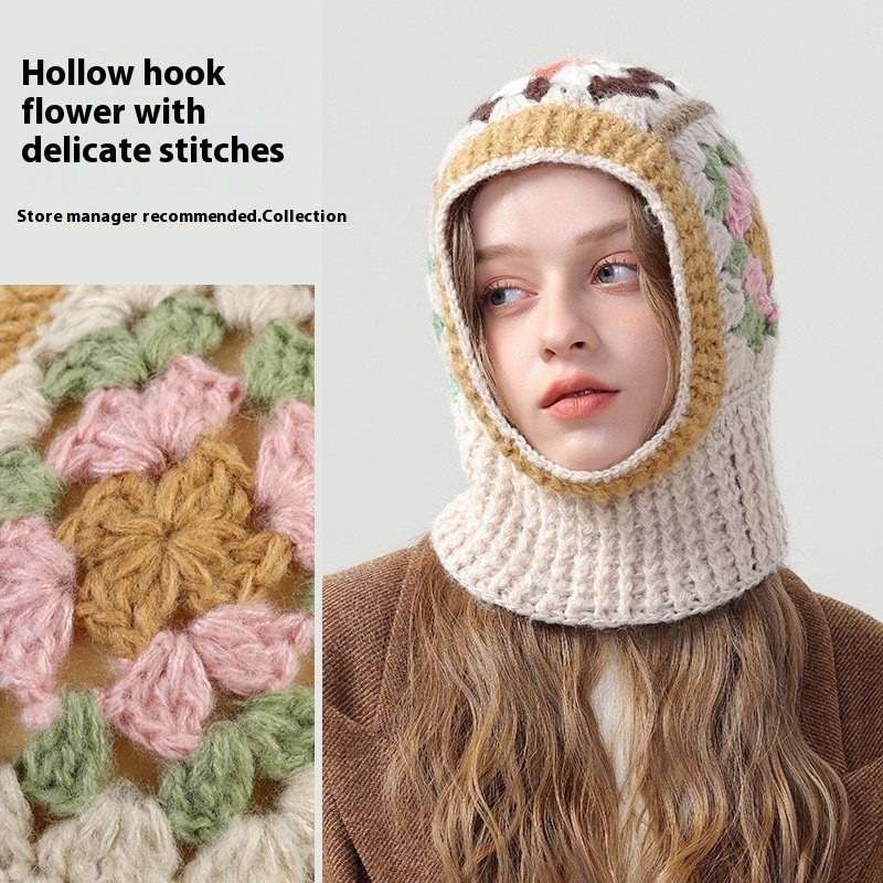 a0871dc4-cd73-402c-bfa1-e0a0973cbfc5_trans.jpeg Winter Korean Style Handmade Crochet Contrast Color Flower Balaclava - Image 1