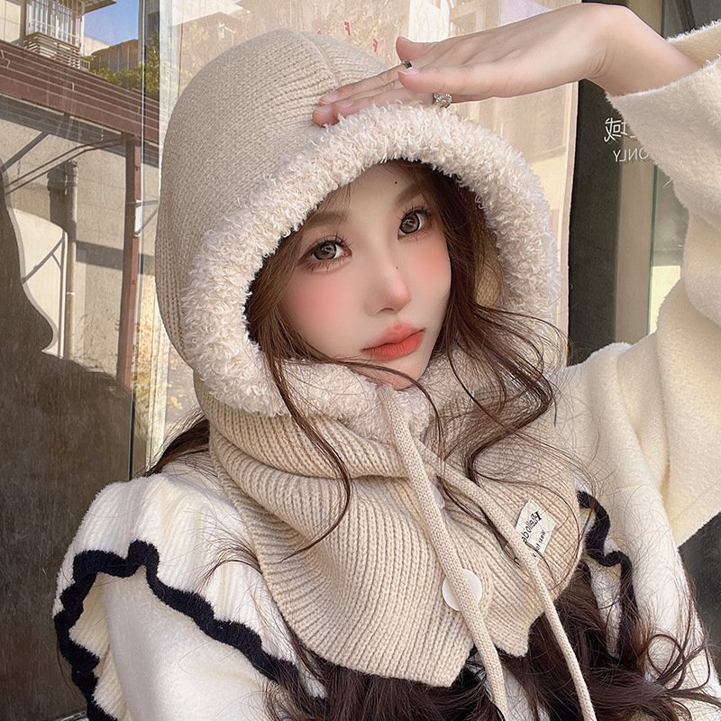 e30cae6a-db5c-4a43-9e47-13bd51977237.jpg Korean Balaclava Hat Female Winter Warm Hat Scarf One Couple Earflaps Woolen Knitted Hat - Image 1